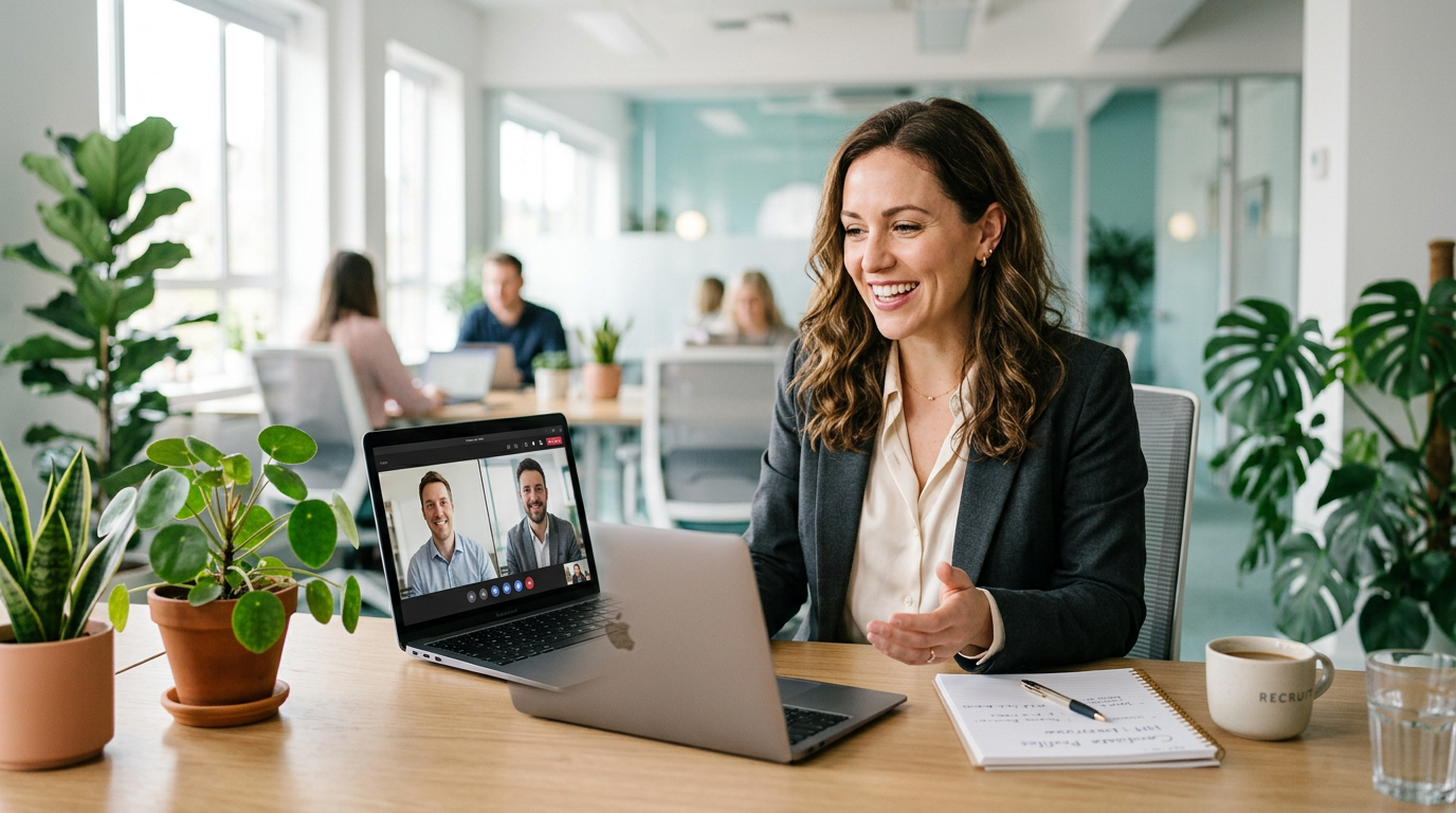 A recruiter smiling on a video call with a hiring manager in a bright office
